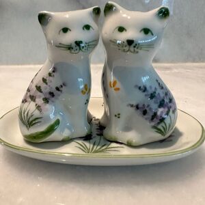 Vintage Andrea by Sadek Cat Salt and Pepper Shakers with Tray NWT
